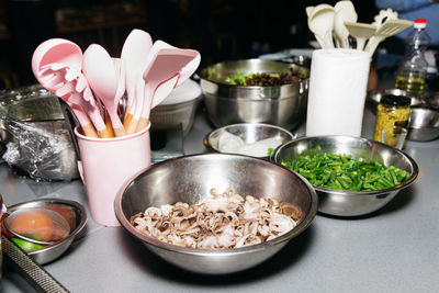 A set of raw products in bowls before cooking, arranging food before a culinary master class