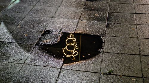 Christmas lights reflection in puddle. 