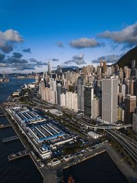 High angle view of buildings against sky