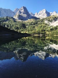 Scenic view of lake and mountains against sky