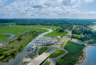 High angle view of road amidst landscape against sky