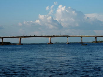 Bridge over calm sea against sky