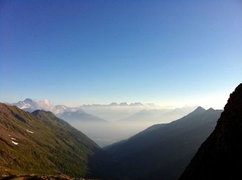 Scenic view of mountains against clear blue sky