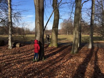 Woman standing on tree trunk