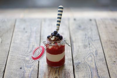 High angle view of drink on table