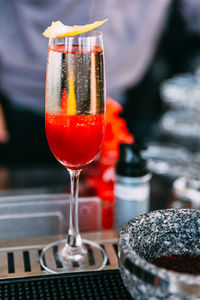 Close-up of red wine on table in restaurant