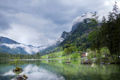 Scenic view of lake and mountains against sky