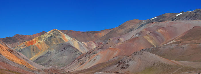 Scenic view of mountains against clear blue sky