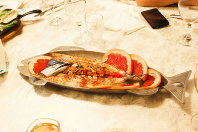 Close-up of seafood served on table