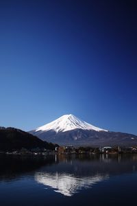 Scenic view of snowcapped mountains against clear blue sky