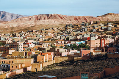 Panorama of ancient berber village of tinghir in sahara desert at sunrise, morocco