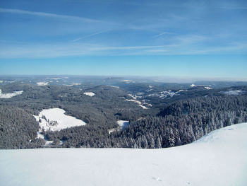 Aerial view of snowcapped mountains against blue sky