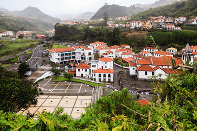 High angle view of buildings in village