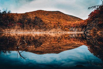 Reflection of mountain in lake against sky