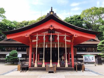 Exterior of red temple against sky