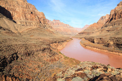 High angle view of river and rocky mountains