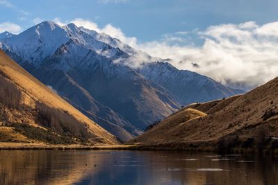 Scenic view of lake and snowcapped mountains against sky