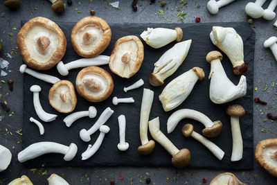 High angle view of mushrooms on table