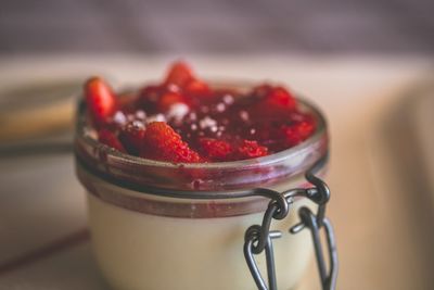 Amazing strawberries and cream in jar.