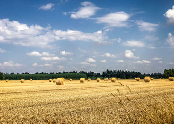 Hay bales on field against sky