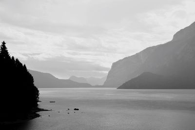 Scenic view of sea and mountains against sky