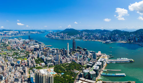 High angle view of city at waterfront