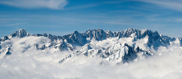 Panoramic view of snowcapped mountains against sky