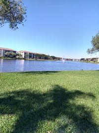 Scenic view of field against clear blue sky