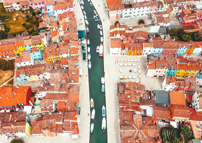 High angle view of multi colored buildings in city