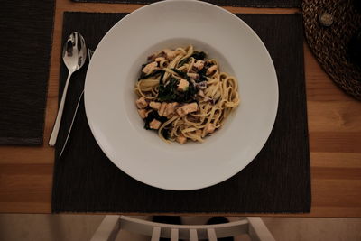 High angle view of food served on table