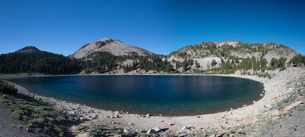 Scenic view of lake and mountains against clear blue sky