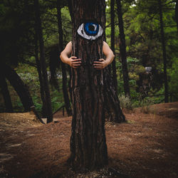 Woman photographing tree trunk in forest