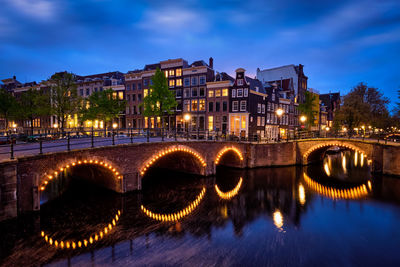 Bridge over river in city at night