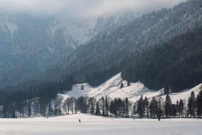 Scenic view of snow covered landscape against mountain