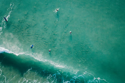 High angle view of people with surfboard in sea