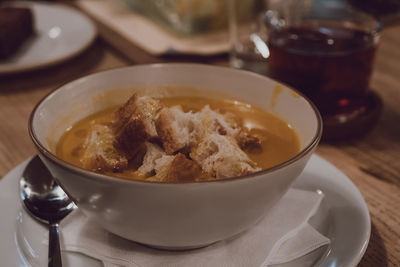 High angle view of food in bowl on table