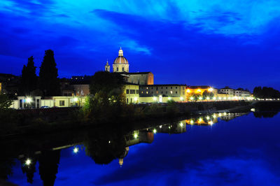 Reflection of illuminated buildings in lake at night