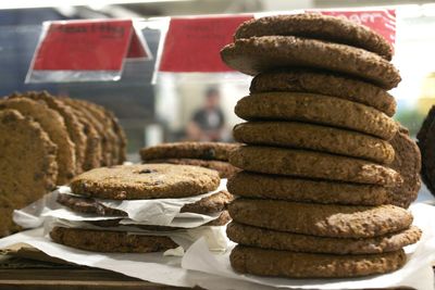 Close-up of stack of cookies in store