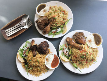 High angle view of food served on table