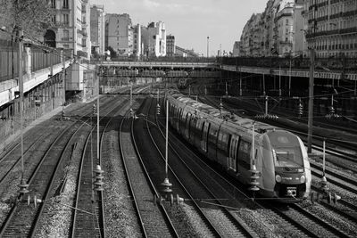 Train on railroad tracks against sky