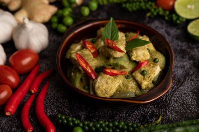 High angle view of chopped fruits in bowl