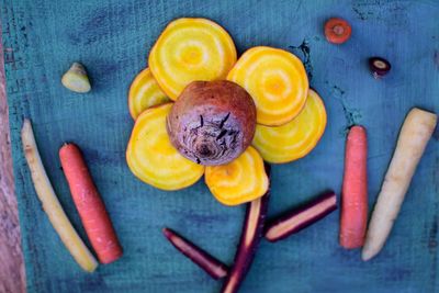 High angle view of fruits on table