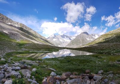 Scenic view of mountains and lake against sky