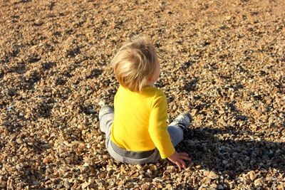 Rear view of baby boy sitting on pebbles at beach