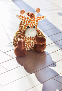 Children's soft plush toy giraffe sit on  wooden background, hard light and shadow