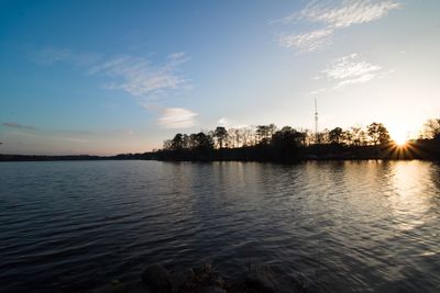 Scenic view of lake against sky at sunset