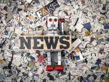 Directly above shot of robot with news text on newspapers