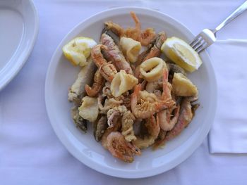 High angle view of seafood served in plate on table