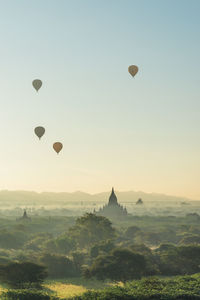 Hot air balloons in sky at sunset