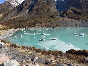Looking over  blue lake at tasman glacier mt cook